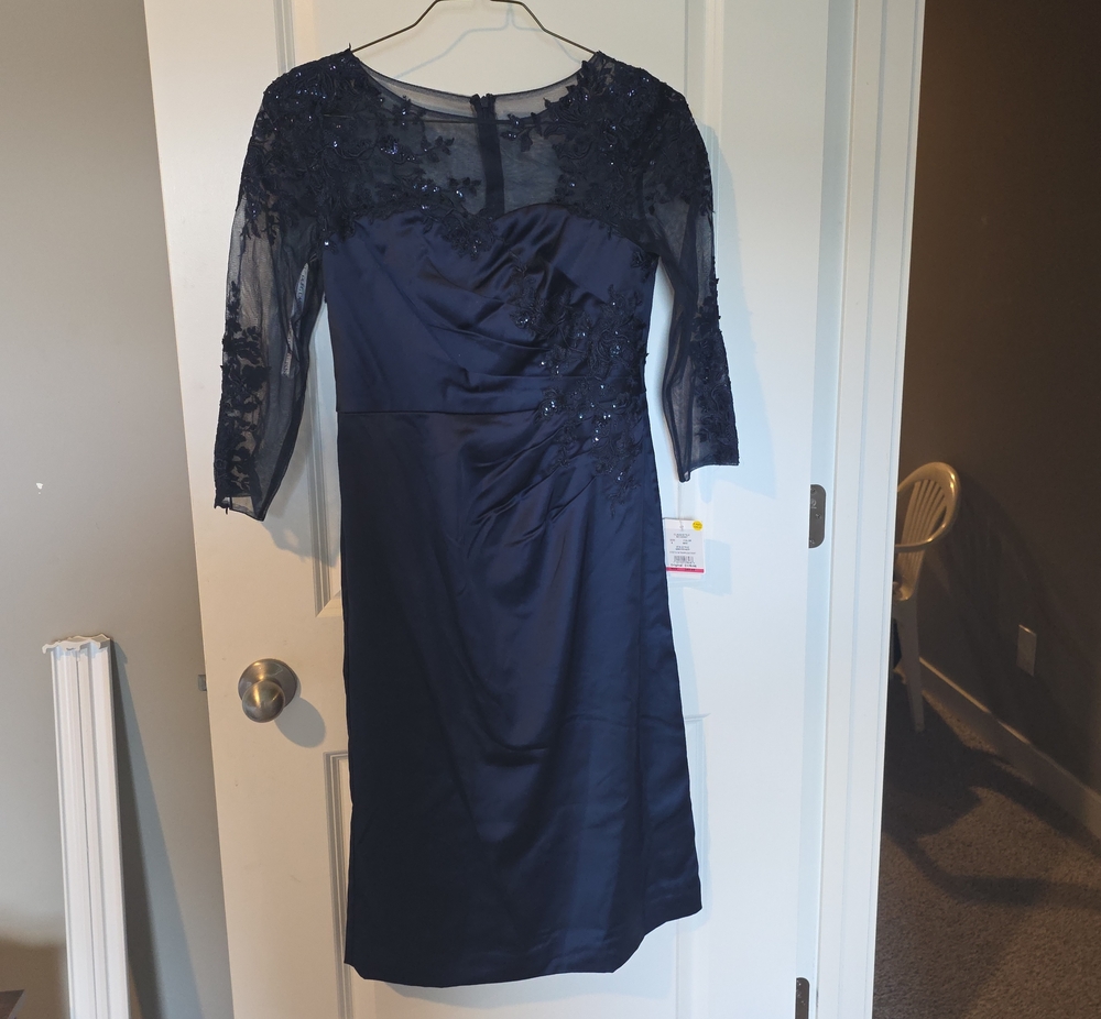 Oleg Cassini Navy Lace Midi Dress with Beaded Bodice